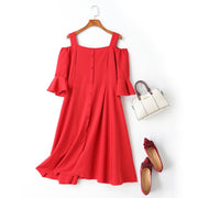 Colene Plus Size Off Shoulder Bell Sleeves Buttons Swing Mid Sleeve Dress