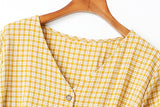 Catherine Plus Size Checks Print V Neck Buttons Waist Bow Tie Swing Short Sleeve Midi Dress (Blue, Yellow)