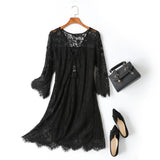 Camile Plus Size Occasion Black Eyelash Lace V Neck Lace Up Bell Sleeve Mid Sleeve Dress
