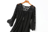 Camile Plus Size Occasion Black Eyelash Lace V Neck Lace Up Bell Sleeve Mid Sleeve Dress