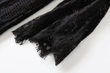 Camile Plus Size Occasion Black Eyelash Lace V Neck Lace Up Bell Sleeve Mid Sleeve Dress