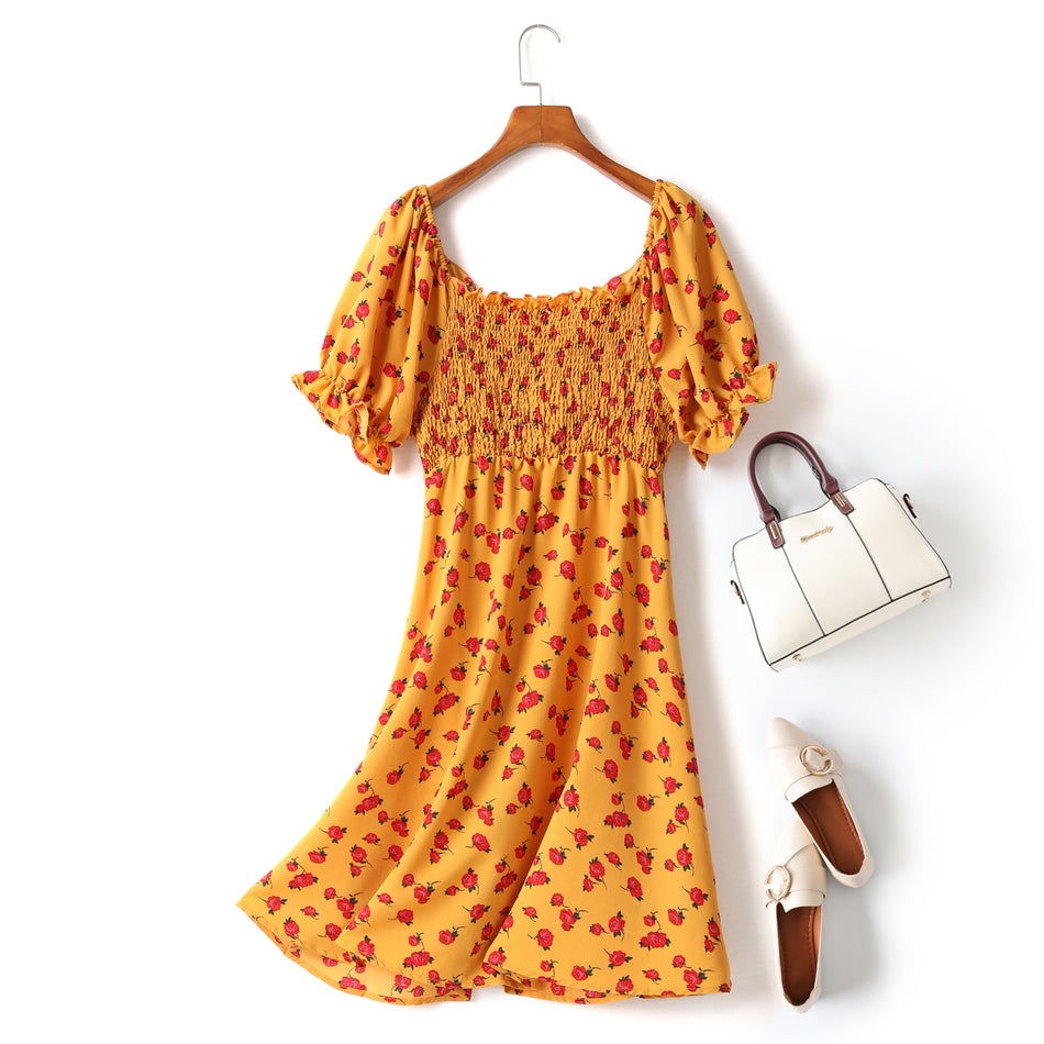 (2 Way Wear!) Gwen Plus Size Yellow Floral Corset Tie Off Shoulder Short Sleeve Dress