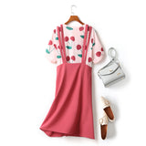 Elly 2 Piece Plus Size Cherry Print Short Sleeve T Shirt Top And Pink V Neck Dungaree Sleeveless Dress Set