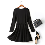 Iolanthe Black Criss Cross V Neck Waist Tie Swing Long Sleeve Dress