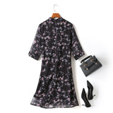 Gina Plus Size Floral Print Chiffon Cheongsam Qipao Mid Sleeve Dress (Black)