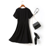 Erika Plus Size Black Grommet Buttons With Pockets Flare Hem Short Sleeve Dress