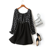 (2 Way Wear!) Hope Plus Size Polka Dots Colour Block Swing Off Shoulder Long Sleeve Dress (Black)