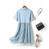 Felicia Plus Size Button Down Pineapple Embroidery Tulle Short Sleeve Shirt Dress (Yellow, Blue)