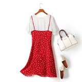 Esmeralda 2 Piece Plus Size White Short Sleeve Blouse And Hearts Print Side Gather Camisole Sleeveless Dress (Red, Black)