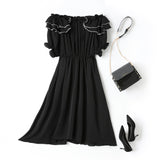 Cecily Plus Size Black Tier Ribbon Off Shoulder Short Sleeve Midi Dress