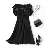 Cecily Plus Size Black Tier Ribbon Off Shoulder Short Sleeve Midi Dress