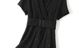 Tessa Plus Size Black Sparkle Corset Tie Wrap V Neck Short Sleeve Dress