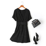 Tessa Plus Size Black Sparkle Corset Tie Wrap V Neck Short Sleeve Dress