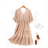 Alena Leafs Printed V Neck Tier Chiffon Plus Size Mid Sleeve Midi Dress