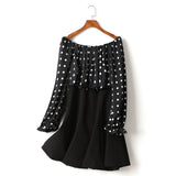 (2 Way Wear!) Hope Plus Size Polka Dots Colour Block Swing Off Shoulder Long Sleeve Dress (Black)