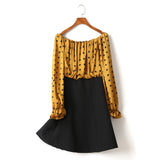 (2 Way Wear!) Hope Plus Size Polka Dots Colour Block Swing Off Shoulder Long Sleeve Dress (Yellow)