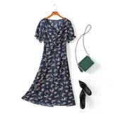 Vienna Plus Size Floral Print V Neck Scrunch Short Sleeve Midi Dress (Blue, Cream)