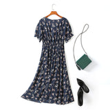 Vienna Plus Size Floral Print V Neck Scrunch Short Sleeve Midi Dress (Blue, Cream)