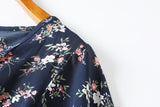 Vienna Plus Size Floral Print V Neck Scrunch Short Sleeve Midi Dress (Blue, Cream)