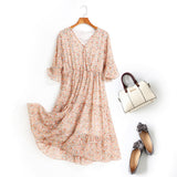 Alice Beige Floral Print V Neck Bell Sleeve Chiffon Plus Size Mid Sleeve Dress