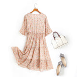 Alice Beige Floral Print V Neck Bell Sleeve Chiffon Plus Size Mid Sleeve Dress