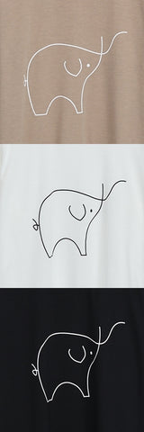 Inez Plus Size Round Neck Elephant Sketch Long Sleeve T Shirt Top (White, Black, Khaki)