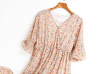 Alice Beige Floral Print V Neck Bell Sleeve Chiffon Plus Size Mid Sleeve Dress