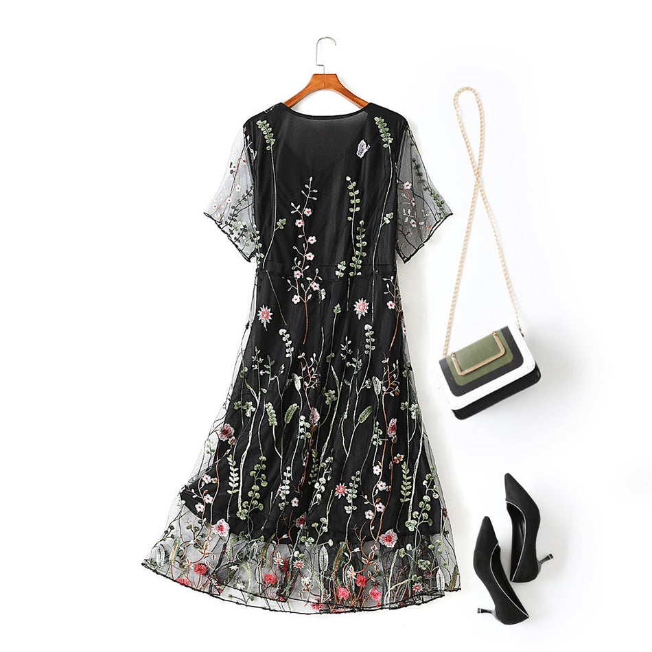 Scarlett Plus Size Dress for Wedding in Black Floral Organza with V Neck and Midi Dress Length