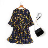 Anne Blue Floral V Neck Wrap Neck Bell Sleeve Tier Mid Sleeve Dress