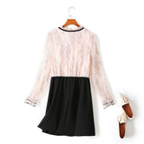 Tiffany Plus Size Lace Colourblock Long Sleeve Dress (Pink, Beige)