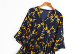 Anne Blue Floral V Neck Wrap Neck Bell Sleeve Tier Mid Sleeve Dress