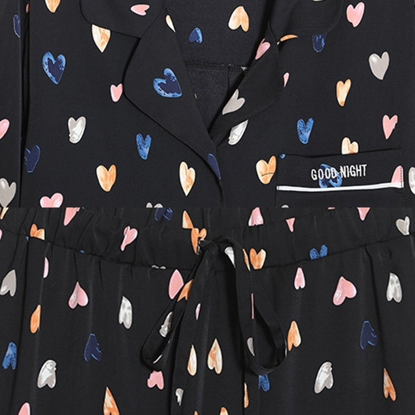 Vera Plus Size Satin Pyjamas Heart Print Long Sleeve Shirt Blouse and Long Pants Set (Black, White)