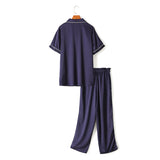 Tallulah Plus Size Pyjamas Set in Silky Satin: Short Sleeve Shirt Blouse and Long Pants Set (Blue, Pink)