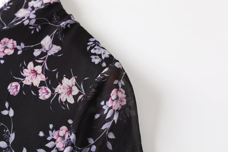 Gina Plus Size Floral Print Chiffon Cheongsam Qipao Mid Sleeve Dress (Black)