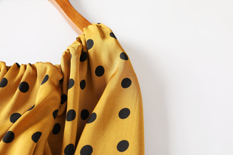 (2 Way Wear!) Hope Plus Size Polka Dots Colour Block Swing Off Shoulder Long Sleeve Dress (Yellow)