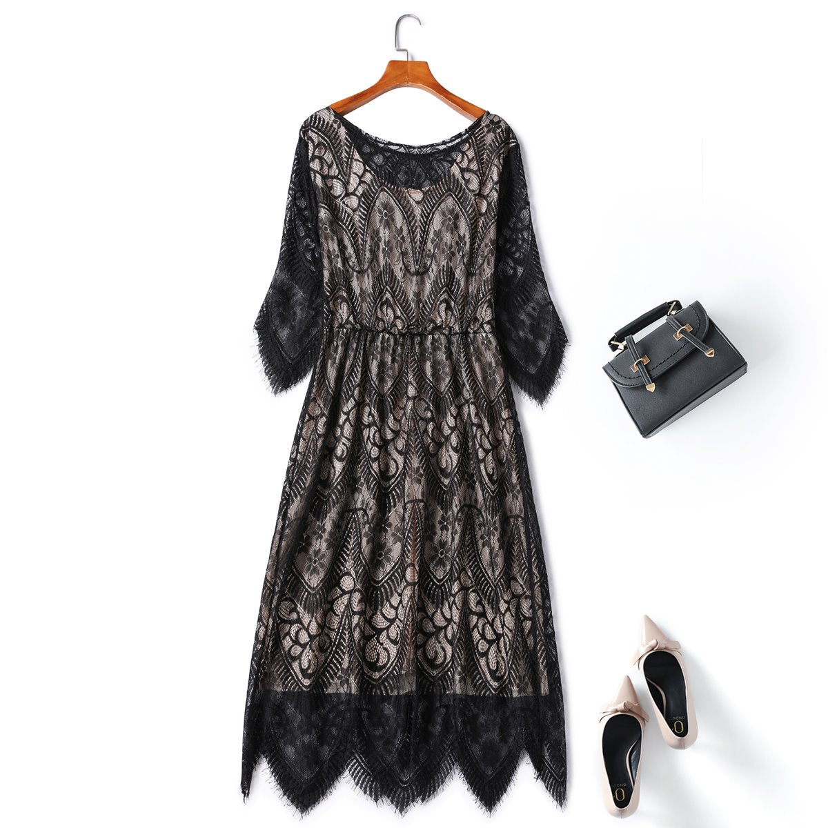 XL-3XL Black Lace Women Clubwear Midi Dress
