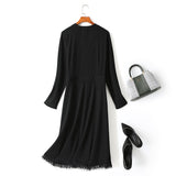 Ysabel Plus Size V Neck Buttons Tassel Hem Long Sleeve Midi Dress (Suitable for Work, Office and Weekends)