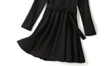 Iolanthe Black Criss Cross V Neck Waist Tie Swing Long Sleeve Dress