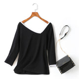 Danielle Plus Size Knit Cotton Asymmetric Neckline Colourblock Mid Sleeve T Shirt Top  (Ready Stock Black 4XL - 1 Piece)