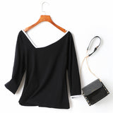 Danielle Plus Size Knit Cotton Asymmetric Neckline Colourblock Mid Sleeve T Shirt Top  (Ready Stock Black 4XL - 1 Piece)