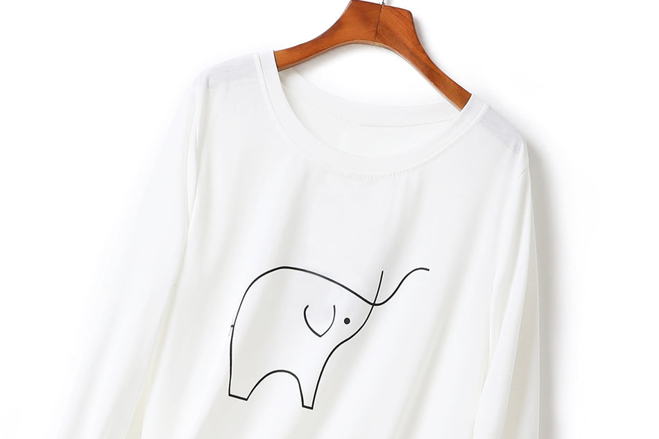 Inez Plus Size Round Neck Elephant Sketch Long Sleeve T Shirt Top (White, Black, Khaki)