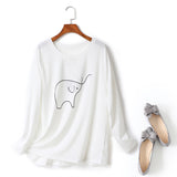 Inez Plus Size Round Neck Elephant Sketch Long Sleeve T Shirt Top (White, Black, Khaki)