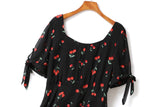 Cherie Cherry Print Square Neck Short Sleeve Dress (Black, White)