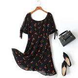 Cherie Cherry Print Square Neck Short Sleeve Dress (Black, White)