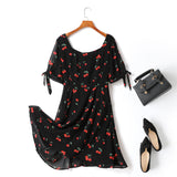 Cherie Cherry Print Square Neck Short Sleeve Dress (Black, White)
