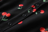 Cherie Cherry Print Square Neck Short Sleeve Dress (Black, White)