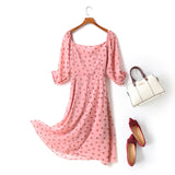 Dona Plus Size Pink Square Neck Buttons Polka Dots Mid Sleeve Midi Dress