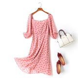 Dona Plus Size Pink Square Neck Buttons Polka Dots Mid Sleeve Midi Dress