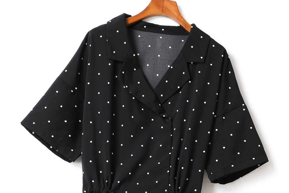 Denise Plus Size Black Polka Dots Shirt Collar Romper