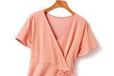 Collette Plus Size V Neck Wrap Neckline Side Scrunch Ribbon Tie Mermaid Hem Short Sleeve Dress (Pink, Black)